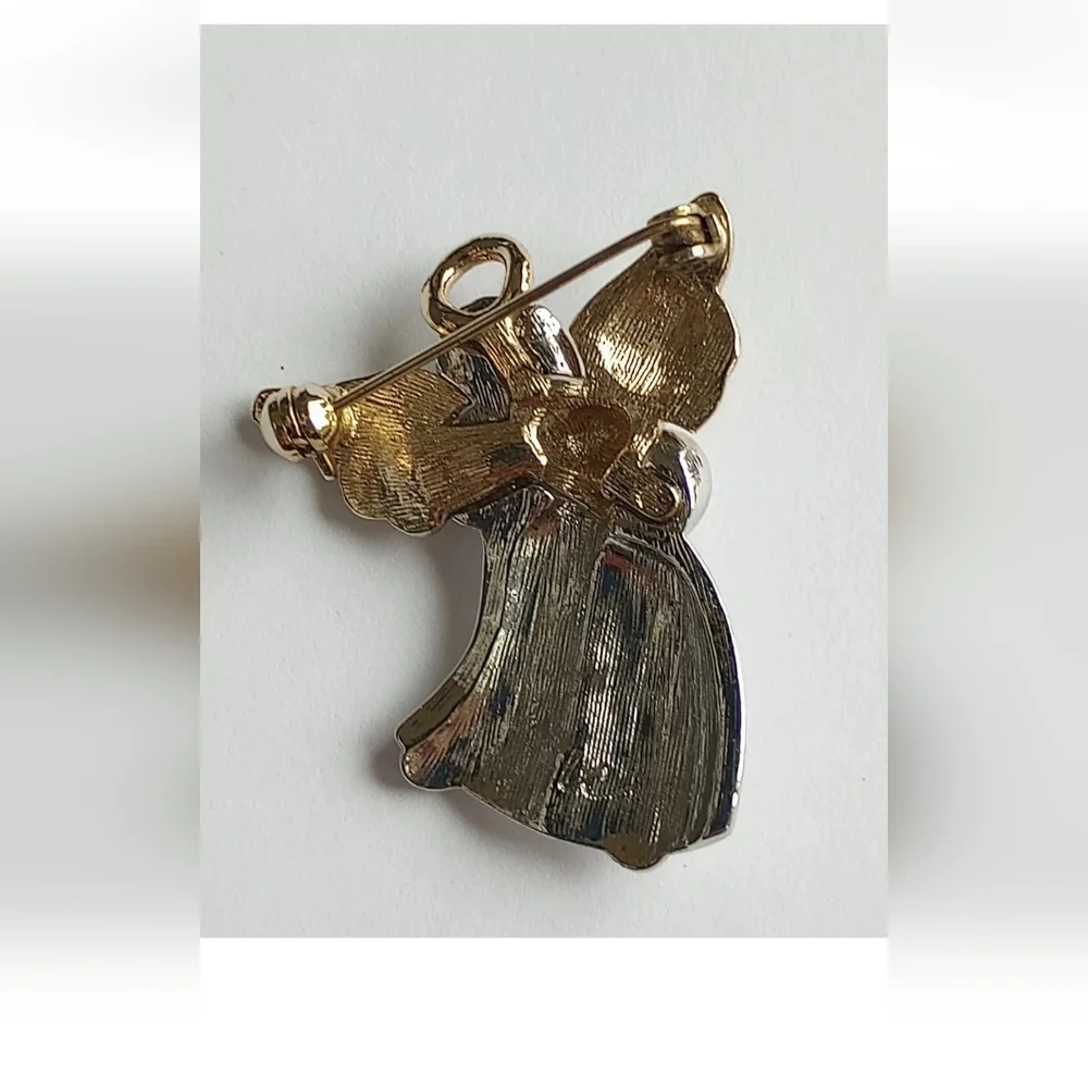 Vtg Signed LC Liz Claiborne Two Toned Angel Holding Purple Crystal Heart Brooch - Picture 5 of 11
